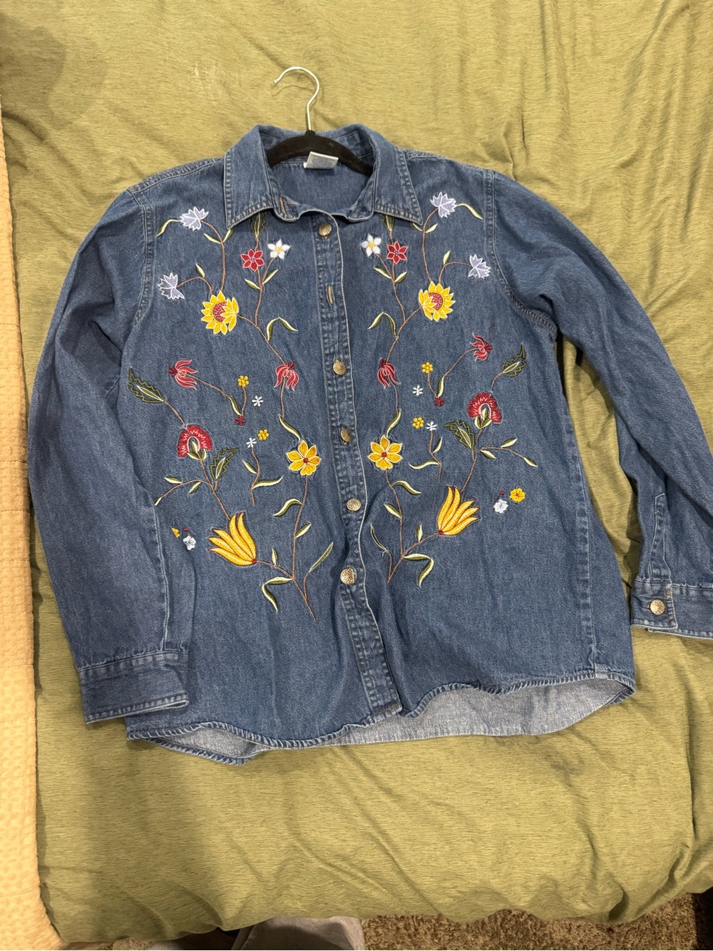 Embroidered Floral Denim Shirt Jacket - Blue